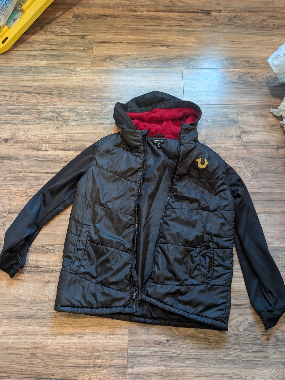 True Religion Kids Black Puffer Jacket with Red Hood Lining, Size XL
